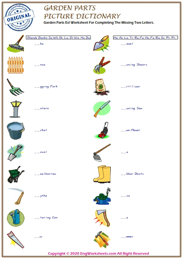Garden Parts Esl Worksheet For Completing The Missing Two Letters.