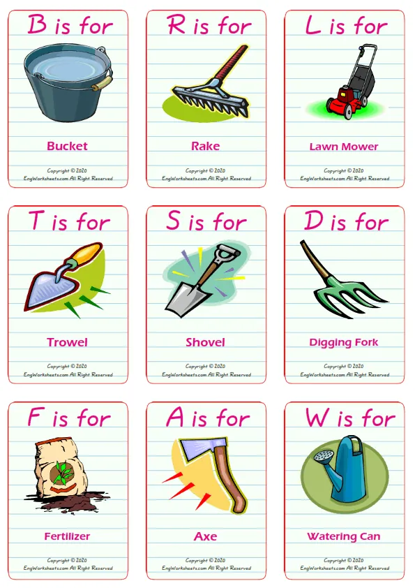 Garden Parts vocabulary worksheet with words, nine images per page