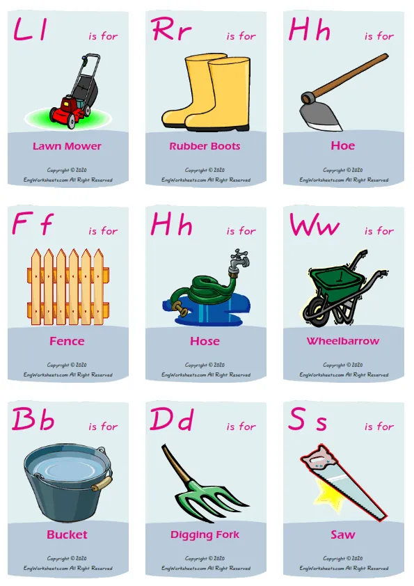 Garden Parts vocabulary worksheet with words, nine images per page