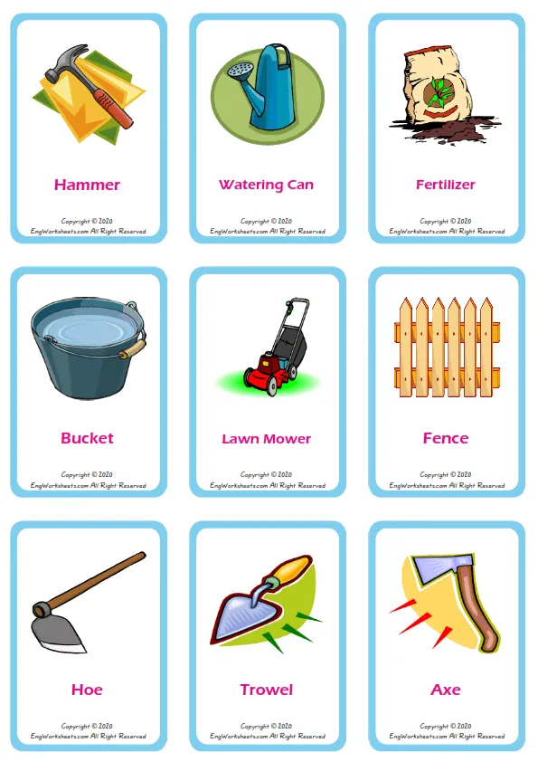 Garden Parts vocabulary worksheet with words, nine images per page