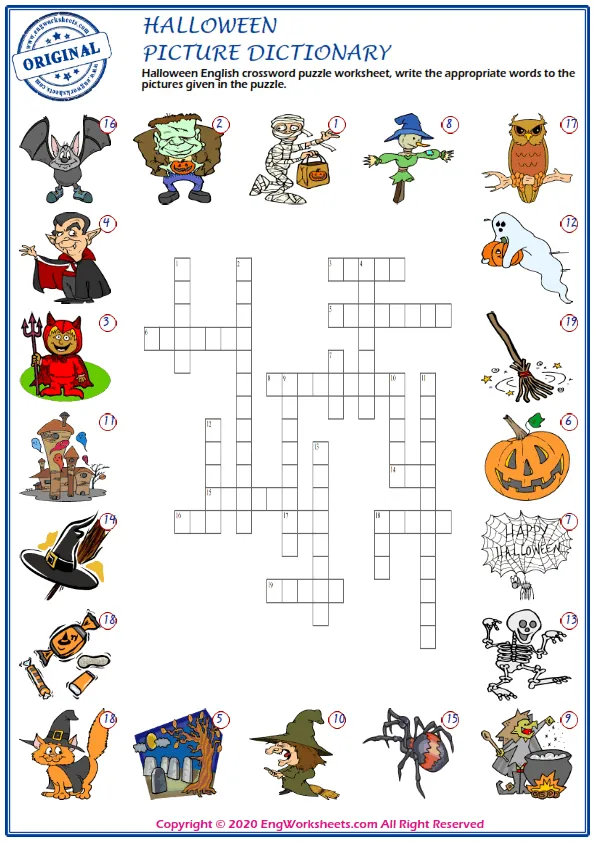 Halloween English crossword puzzle worksheet, write the appropriate words to the pictures given in the puzzle. Worksheet Preview