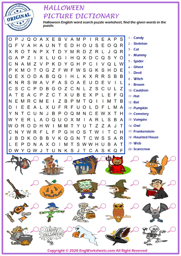 Halloween English word search puzzle worksheet, find the given words in the puzzle. Worksheet Preview