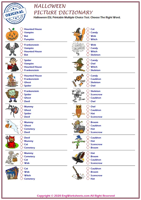 Halloween ESL Printable Multiple Choice Test. Choose The Right Word. Worksheet Preview