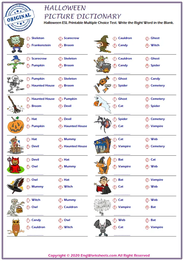 Halloween ESL Printable Multiple Choice Test. Write the Right Word in the Blank. Worksheet Preview