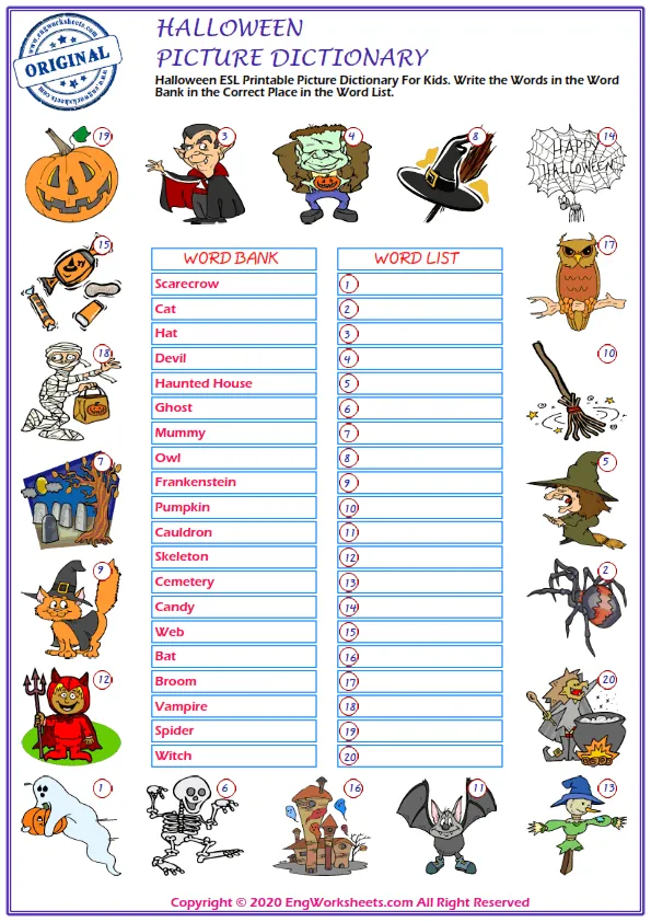 Halloween ESL Printable Picture Dictionary For Kids. Write the Words in the Word Bank in the Correct Place in the Word List. Worksheet Preview
