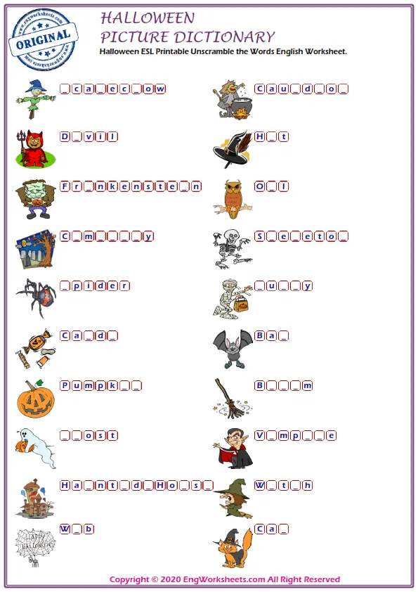 Halloween ESL Printable Unscramble the Words English Worksheet. Worksheet Preview
