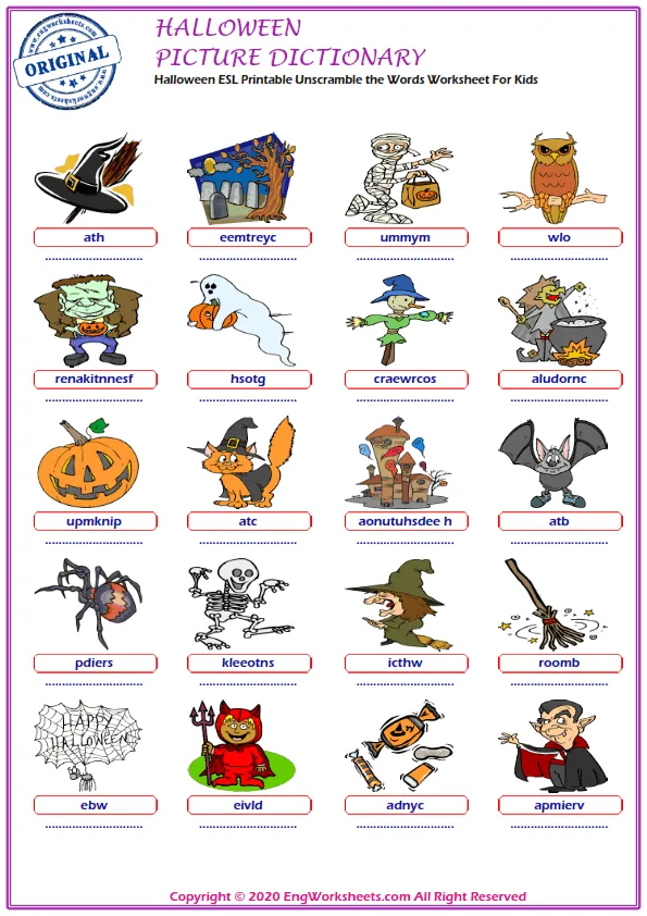 Halloween ESL Printable Unscramble the Words Worksheet For Kids Worksheet Preview