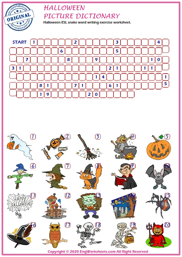 Halloween ESL snake word writing exercise worksheet. Worksheet Preview