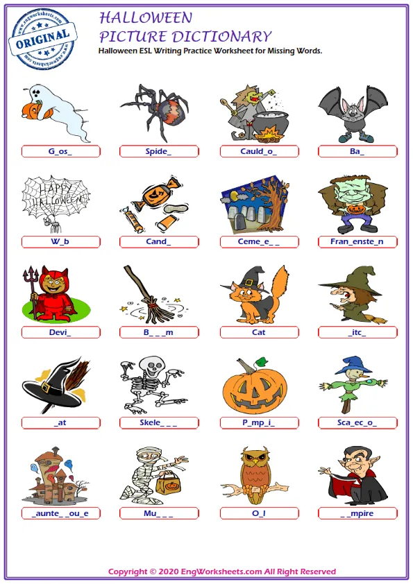 Halloween ESL Writing Practice Worksheet for Missing Words. Worksheet Preview