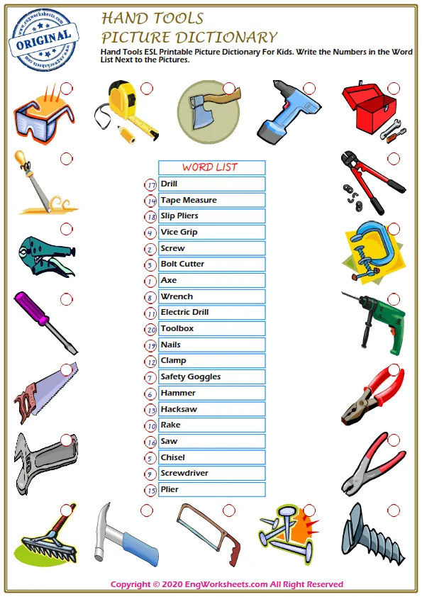 Hand Tools ESL Printable Picture Dictionary For Kids. Write the Numbers in the Word List Next to the Pictures.
