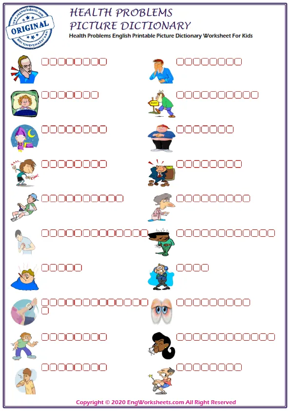 Health Problems English Printable Picture Dictionary Worksheet For Kids