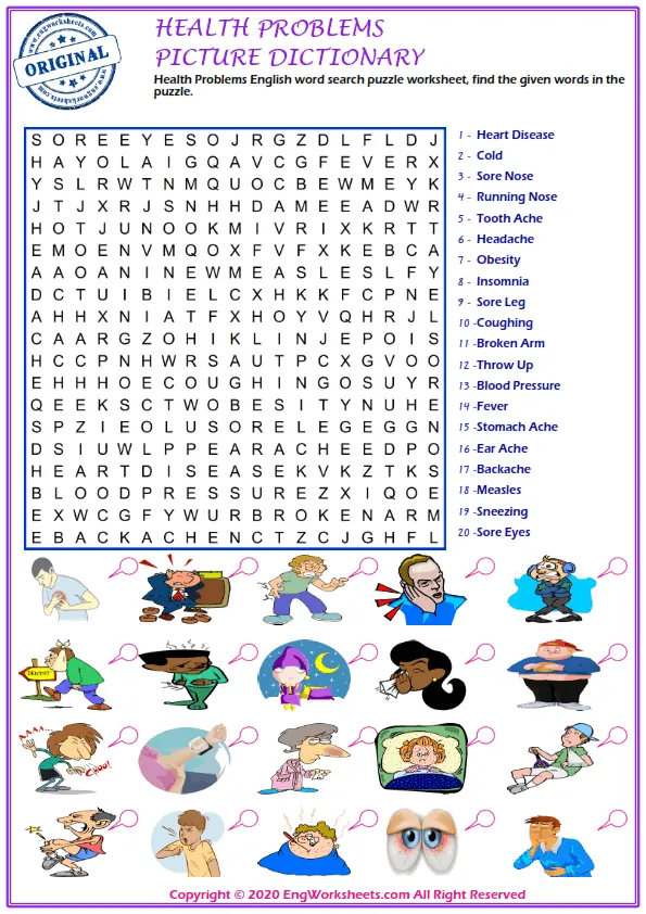 Health Problems English word search puzzle worksheet, find the given words in the puzzle. Worksheet Preview