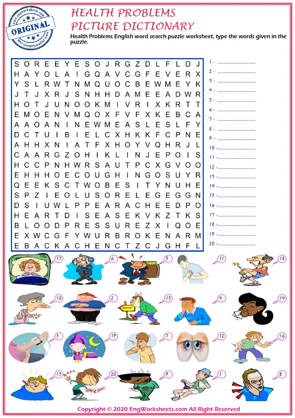 Health Problems English word search puzzle worksheet, type the words given in the puzzle. Worksheet Preview