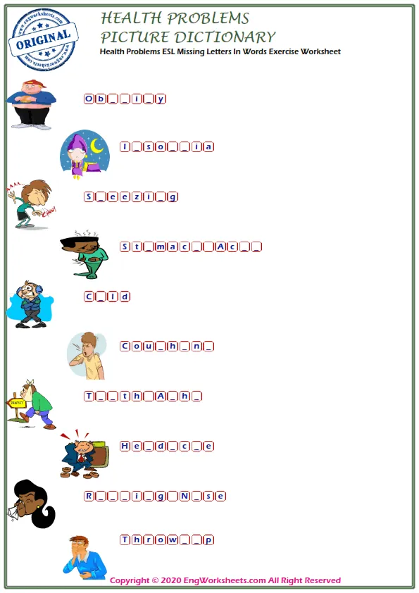 Health Problems ESL Missing Letters In Words Exercise Worksheet