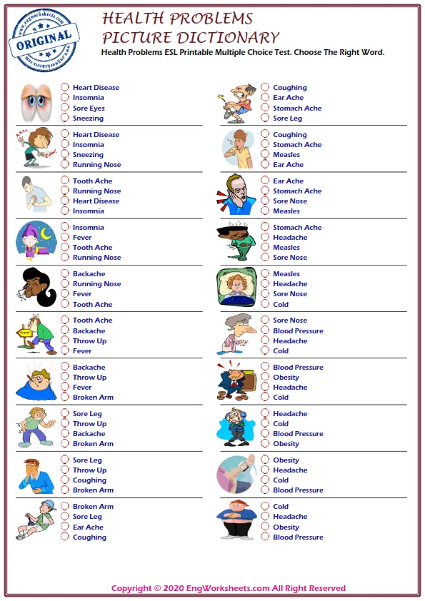 Health Problems ESL Printable Multiple Choice Test. Choose The Right Word. Worksheet Preview