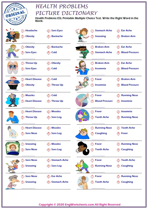 Health Problems ESL Printable Multiple Choice Test. Write the Right Word in the Blank. Worksheet Preview