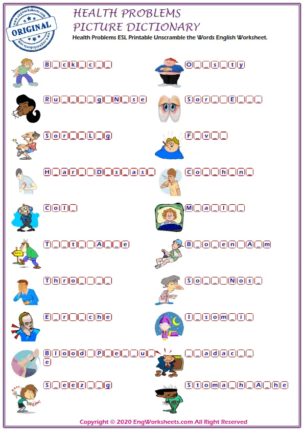 Health Problems ESL Printable Unscramble the Words English Worksheet.