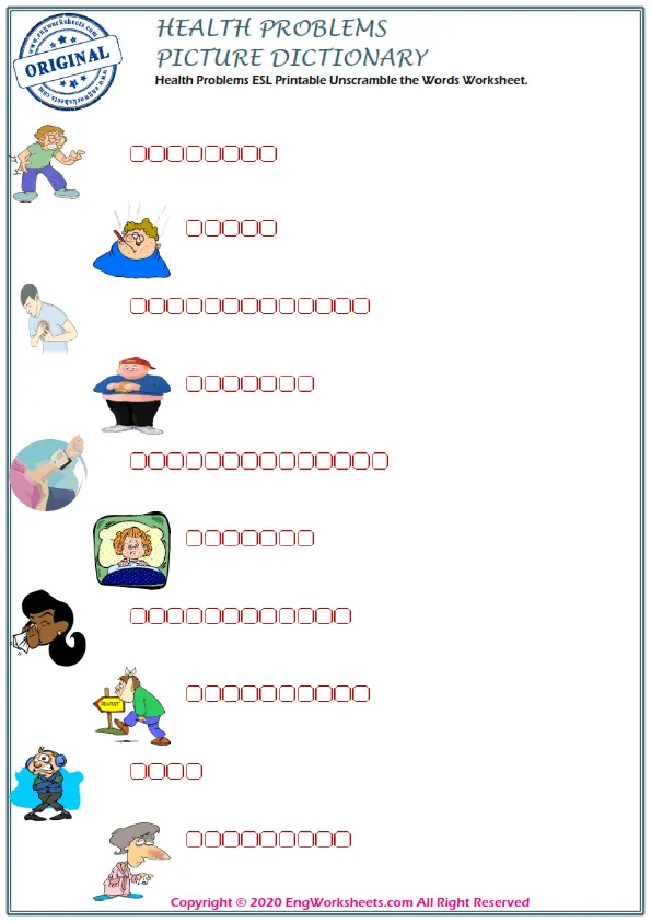 Health Problems ESL Printable Unscramble the Words Worksheet.