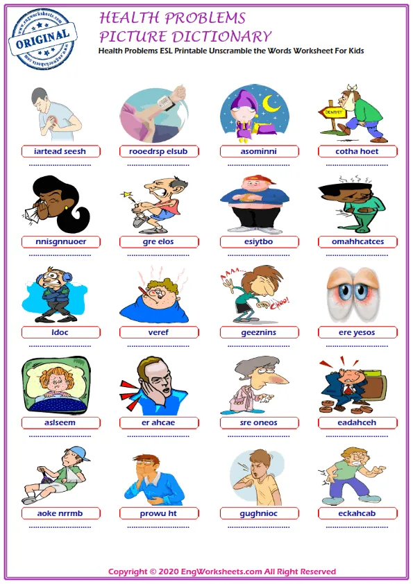 Health Problems ESL Printable Unscramble the Words Worksheet For Kids