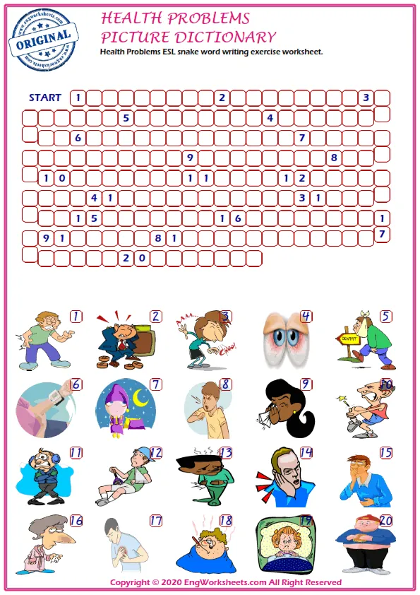Health Problems ESL snake word writing exercise worksheet.