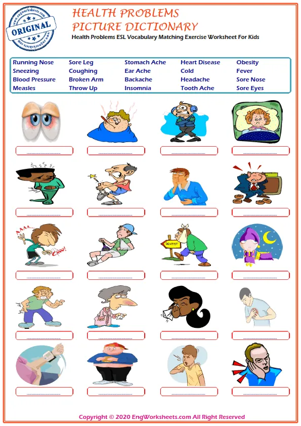 Health Problems ESL Vocabulary Matching Exercise Worksheet For Kids