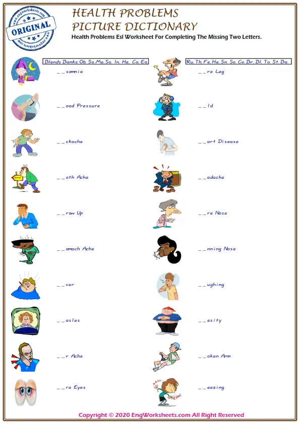 Health Problems Esl Worksheet For Completing The Missing Two Letters.