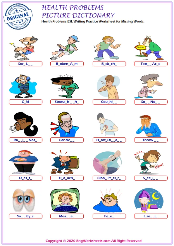 Health Problems ESL Writing Practice Worksheet for Missing Words.