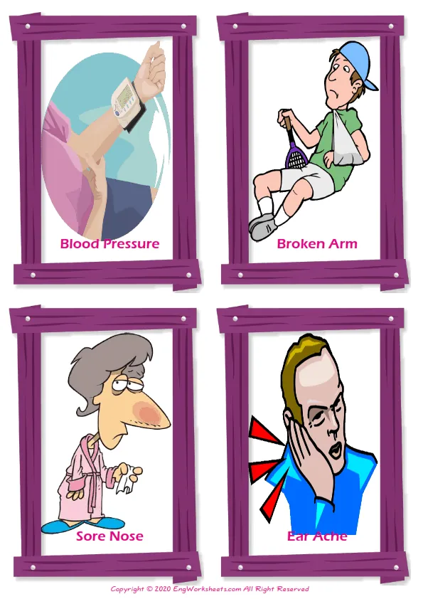 Health Problems vocabulary worksheet with words, four images per page