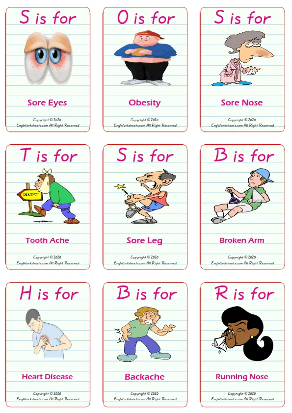 Health Problems vocabulary worksheet with words, nine images per page