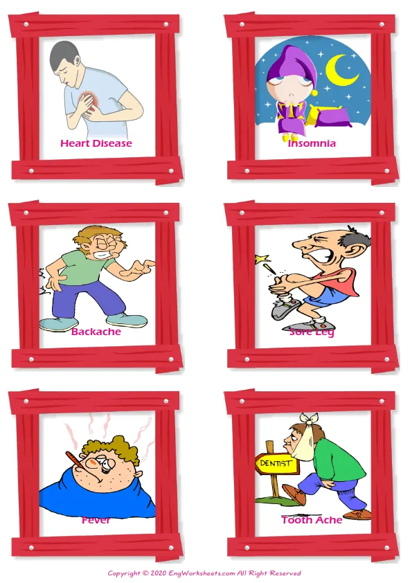 Health Problems vocabulary worksheet with words, six images per page