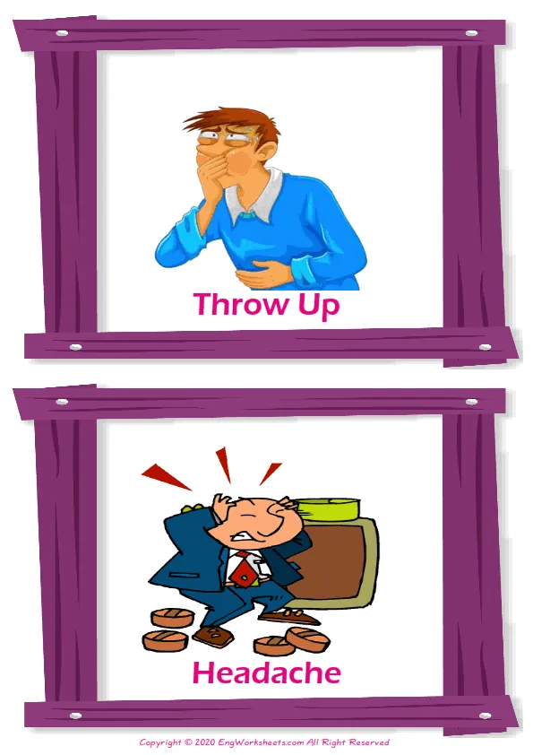 Health Problems vocabulary worksheet with words, two images per page
