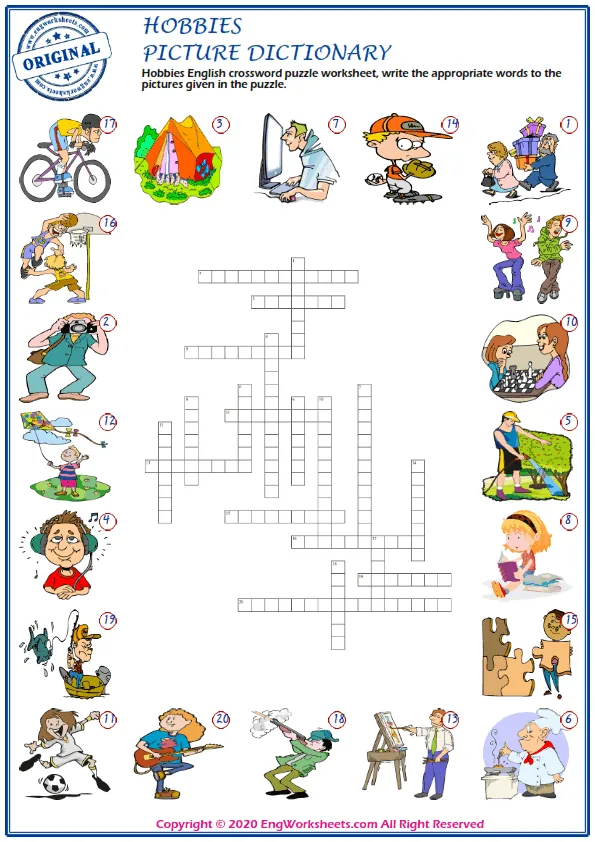 Hobbies English crossword puzzle worksheet, write the appropriate words to the pictures given in the puzzle.