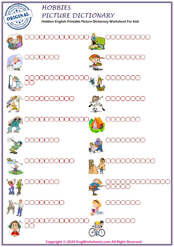 Hobbies English Printable Picture Dictionary Worksheet For Kids