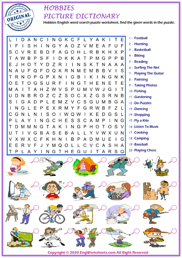 Hobbies English word search puzzle worksheet, find the given words in the puzzle.