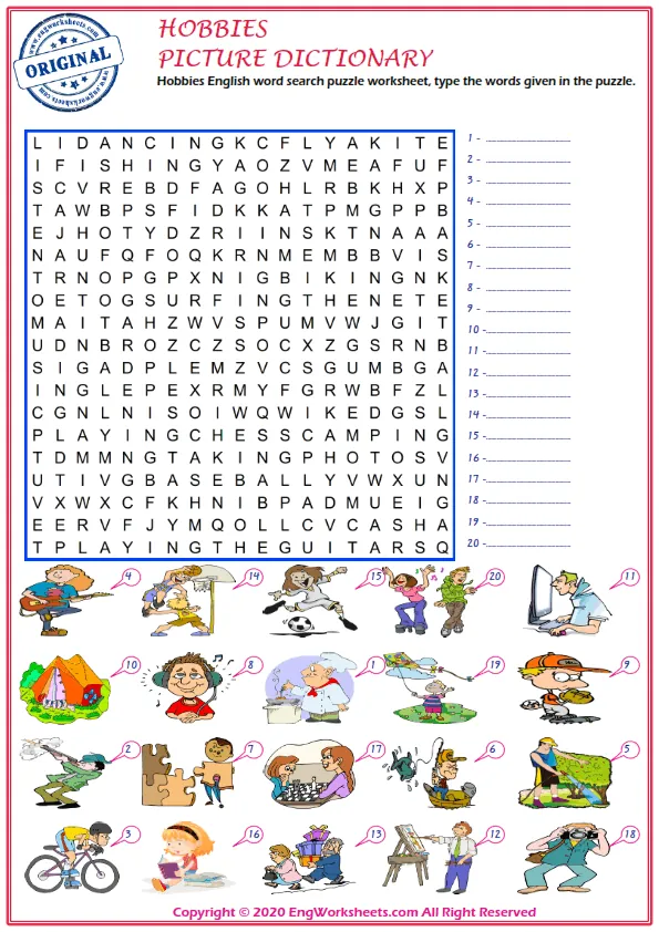 Hobbies English word search puzzle worksheet, type the words given in the puzzle.
