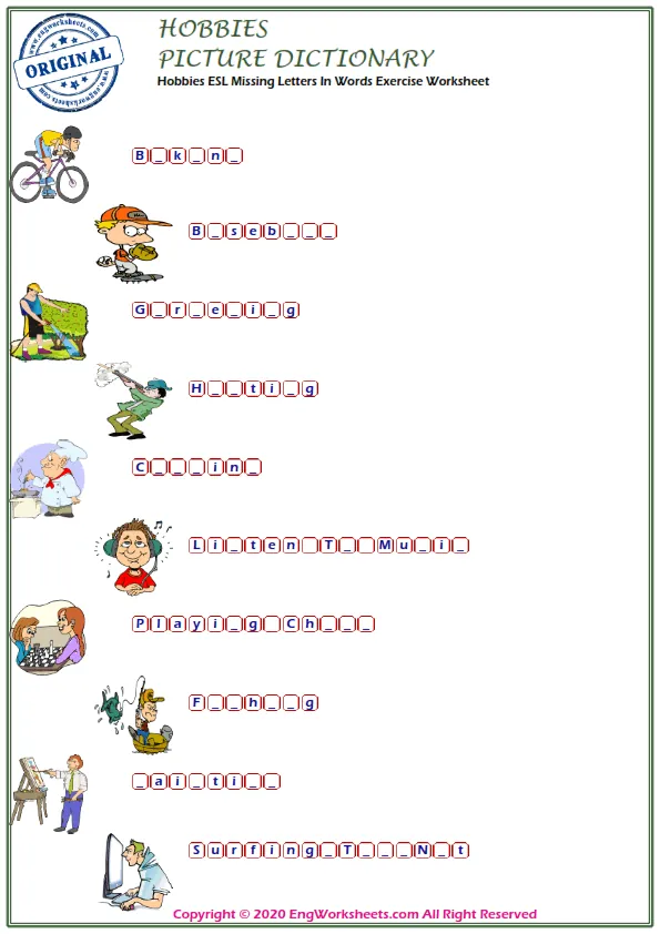 Hobbies ESL Missing Letters In Words Exercise Worksheet