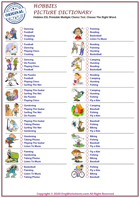 Hobbies ESL Printable Multiple Choice Test. Choose The Right Word.