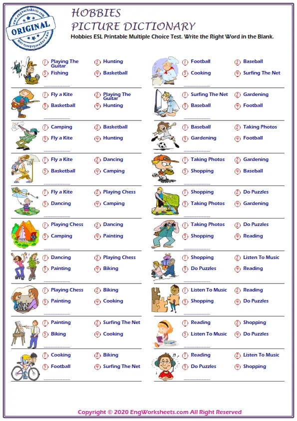 Hobbies ESL Printable Multiple Choice Test. Write the Right Word in the Blank.