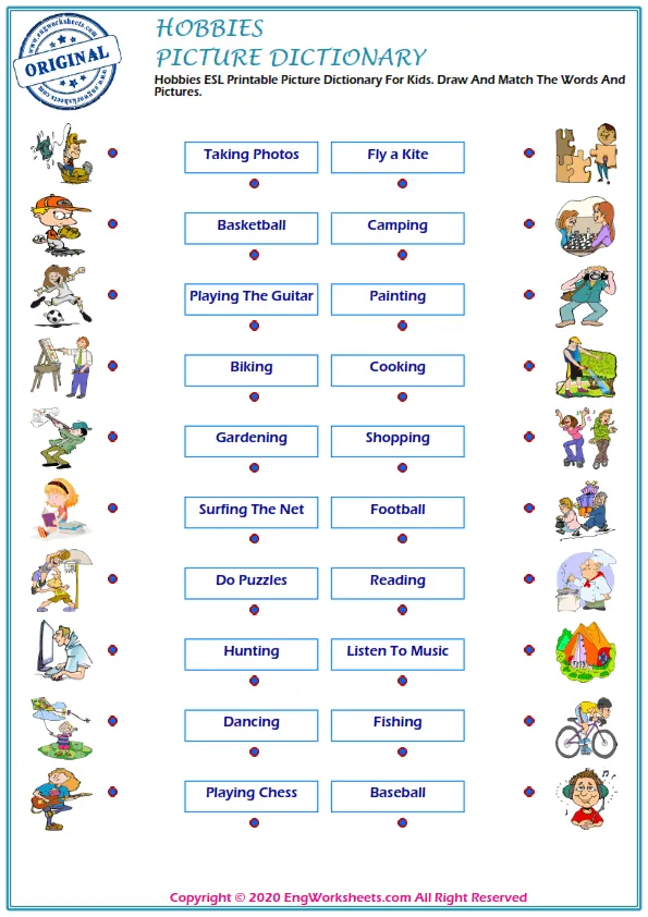 Hobbies ESL Printable Picture Dictionary For Kids. Draw And Match The Words And Pictures.