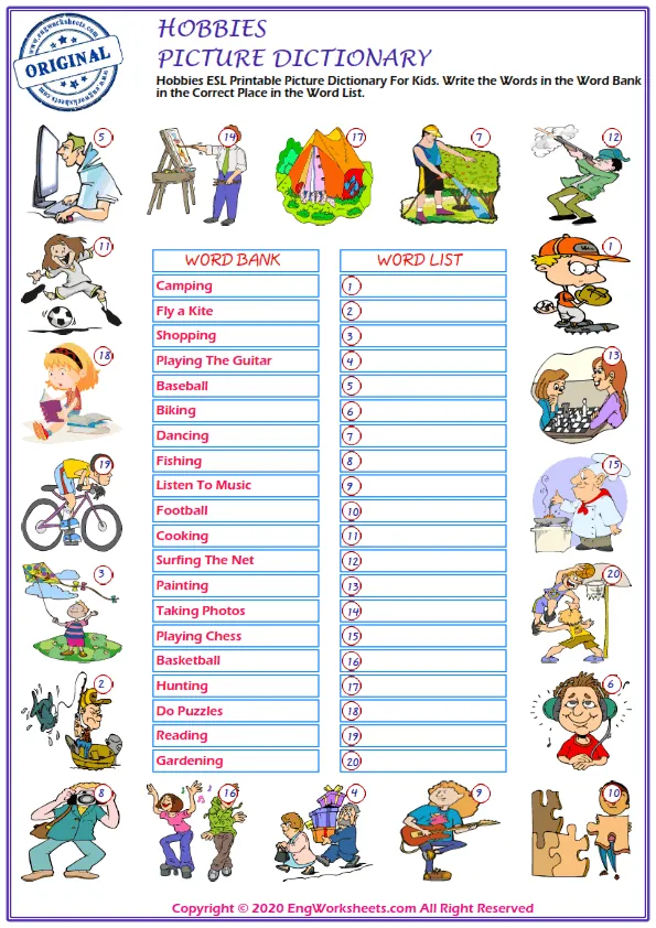 Hobbies ESL Printable Picture Dictionary For Kids. Write the Words in the Word Bank in the Correct Place in the Word List.