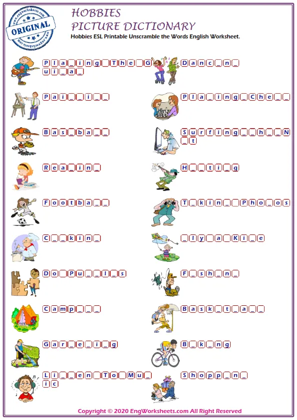 Hobbies ESL Printable Unscramble the Words English Worksheet.