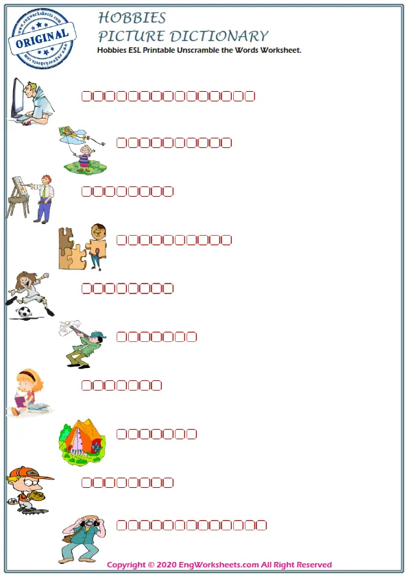 Hobbies ESL Printable Unscramble the Words Worksheet.
