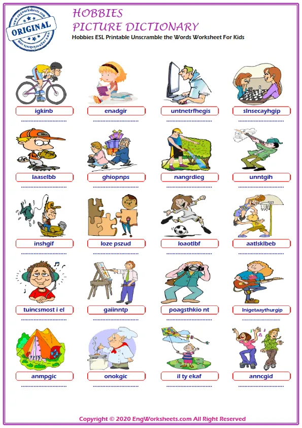 Hobbies ESL Printable Unscramble the Words Worksheet For Kids