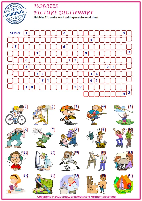 Hobbies ESL snake word writing exercise worksheet.