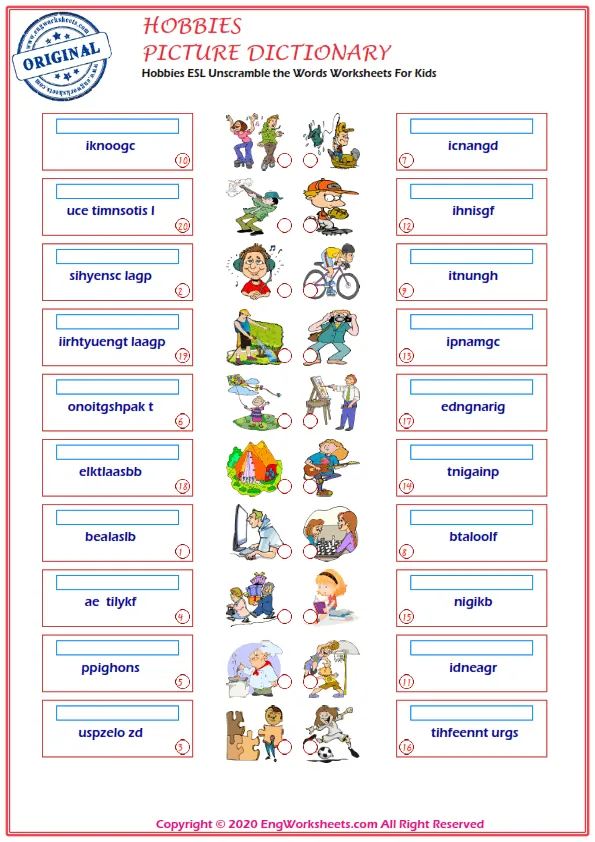 Hobbies ESL Unscramble the Words Worksheets For Kids