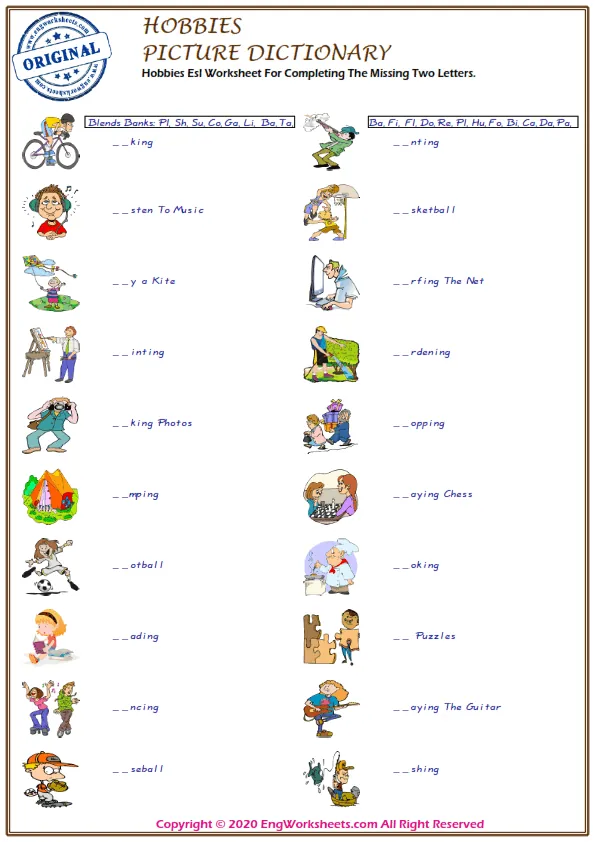 Hobbies Esl Worksheet For Completing The Missing Two Letters.