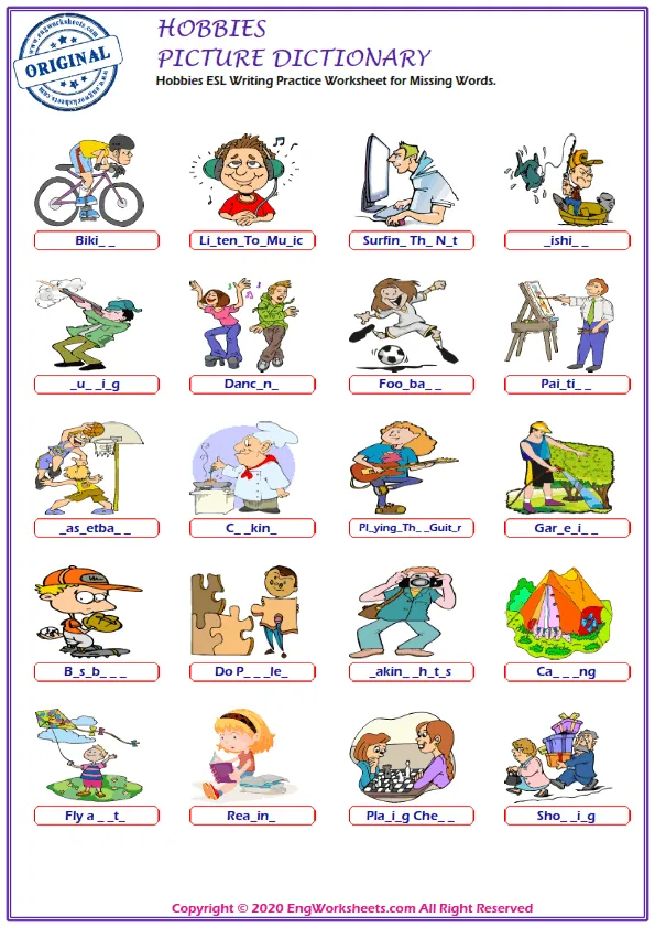 Hobbies ESL Writing Practice Worksheet for Missing Words.
