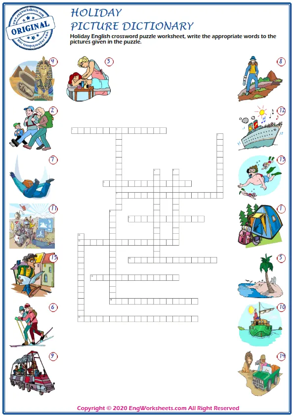 Holiday English crossword puzzle worksheet, write the appropriate words to the pictures given in the puzzle.