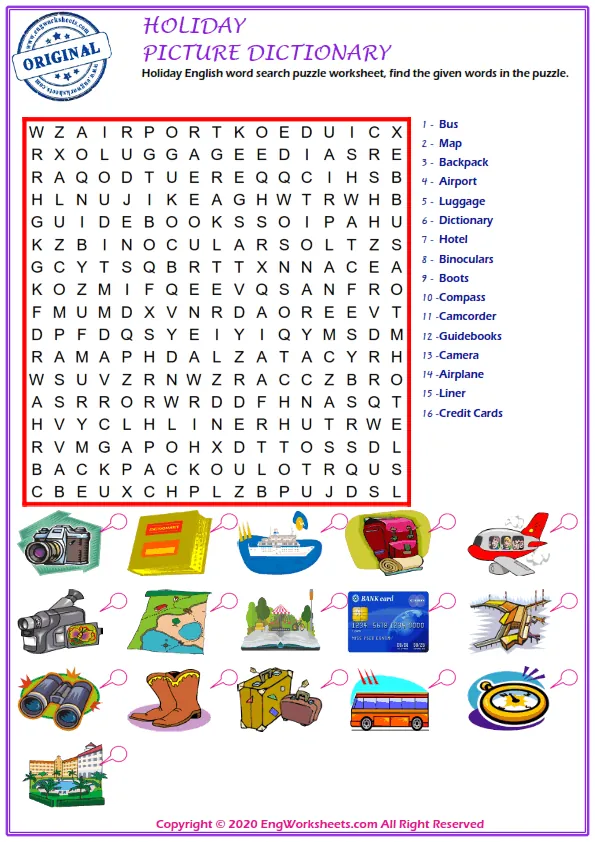 Holiday English word search puzzle worksheet, find the given words in the puzzle.