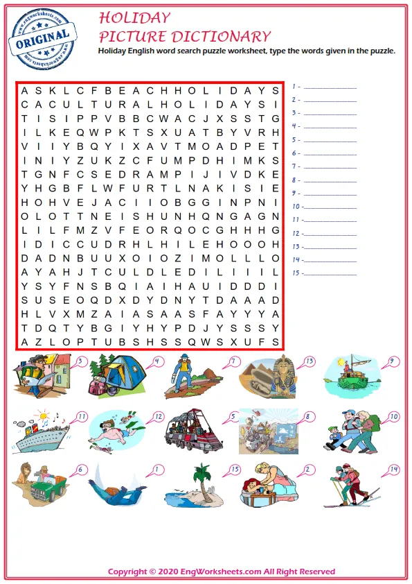 Holiday English word search puzzle worksheet, type the words given in the puzzle.